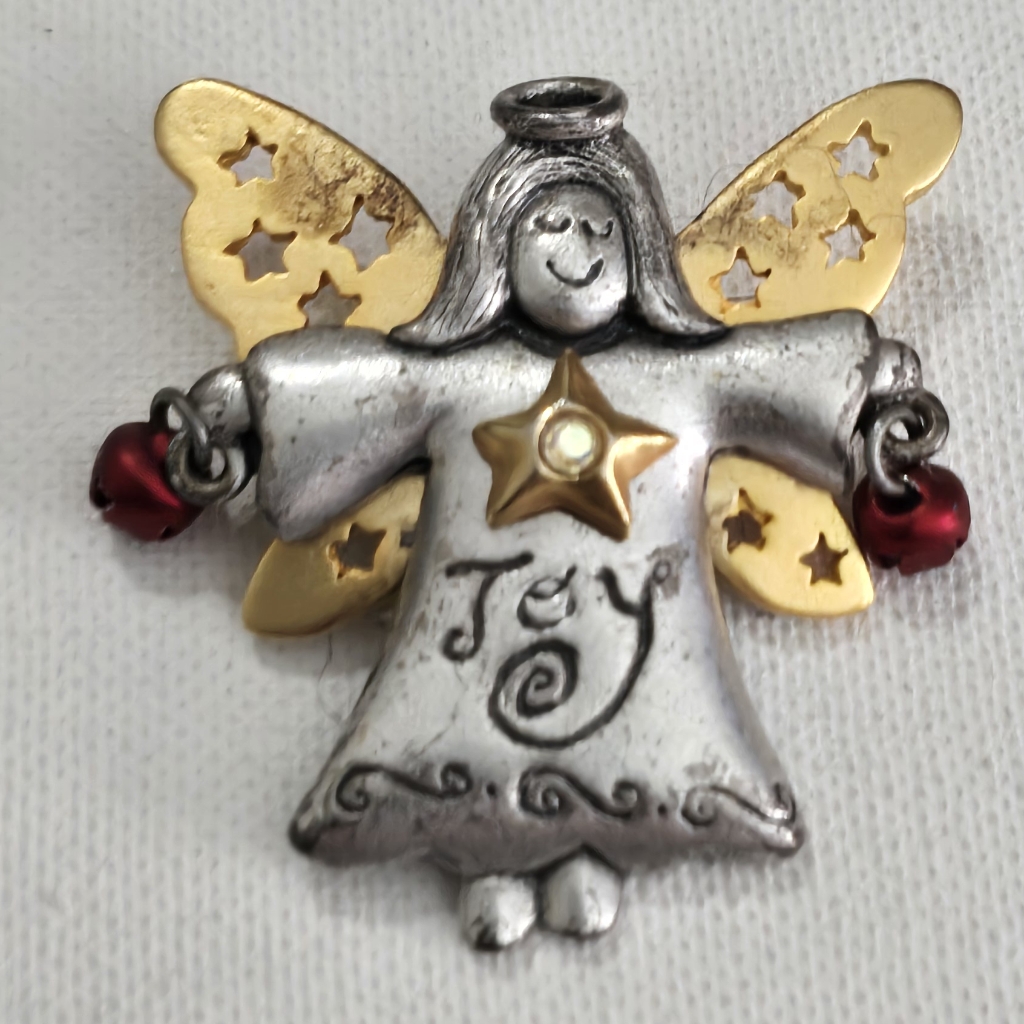 Vintage Signed Ajmc Joy Christmas Angel Pin Broach Brooch